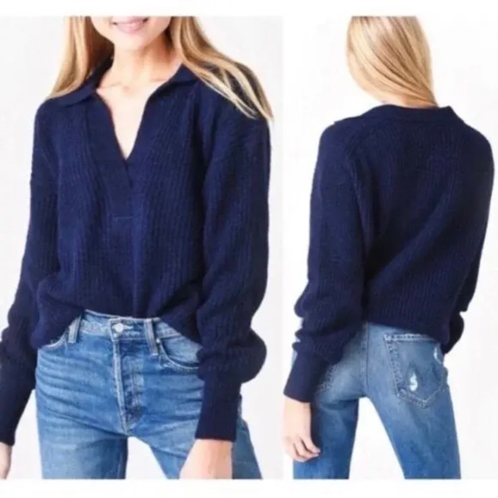 Eleven Six Tatum Alpaca Wool Navy Blue Knit V Neck Sweater M/L